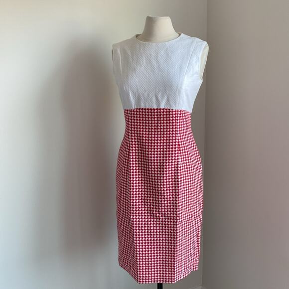 VINTAGE Houndstooth Dress Set  Womens Sz 10 Red and White Sheath Cropped Jacket - Picture 7 of 9